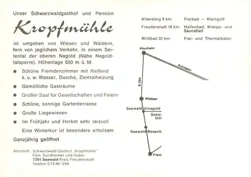 AK / Ansichtskarte  Seewald Schwarzwaldgasthof Kropfmuehle Gastraeume Wildbach Rehwild Seewald