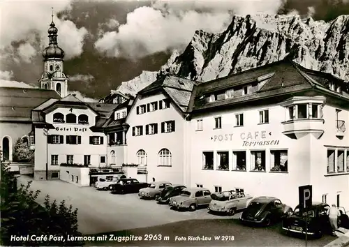 AK / Ansichtskarte 73886950 Lermoos_Tirol_AT Hotel Cafe Post Kirche 