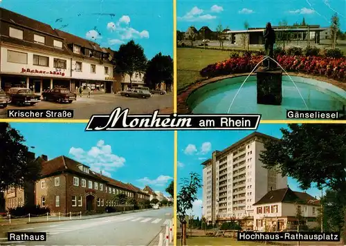 AK / Ansichtskarte 73887145 Monheim_Rhein Krischer Strasse Gaenseliesel Rathaus Hochhaus Rathausplatz Monheim Rhein