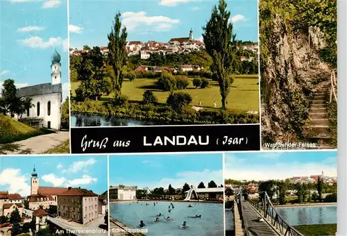 AK / Ansichtskarte  Landau_Isar Kirche Panorama Wachsender Felsen Am Theresienplatz Schwimmbad Bruecke Landau Isar