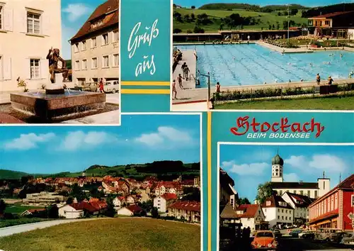 AK / Ansichtskarte  Stockach_Bodensee Brunnen Schwimmbad Panorama Kirche Stockach Bodensee