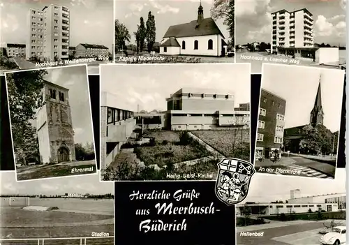 AK / Ansichtskarte  Meerbusch-Buederich Hochhaeuser Kapelle Ehrenmal Kirchen Stadion Hallenbad 