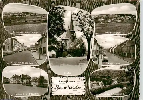 AK / Ansichtskarte  Baumholder_Nahe Panorama Hauptstrasse am Markt Kirche Alleestrasse Bahnhof mit Pilzkiosk Ausflugslokal Erdingermuehle Baumholder Nahe