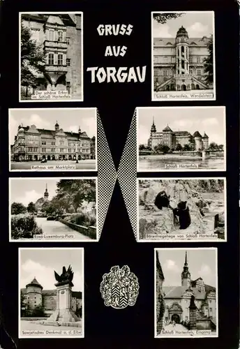 AK / Ansichtskarte  Torgau Schloss Hartenfels Erker Wendelstein Rathaus Schloss Rosa Luxemburg Platz Baerenfreigehege Sowj Denkmal Schlosseingang Torgau