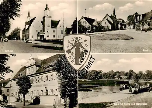 AK / Ansichtskarte 73887832 Coswig_Anhalt Rathaus Flieth Sparkasse Elbe mit Faehre und Elbterrasse Coswig Anhalt