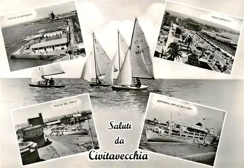 AK / Ansichtskarte  Civitavecchia_Lazio_IT Piscine Olimpionica Veduta del Porto Viale Garibaldi Motonave Pen la Sardegna 