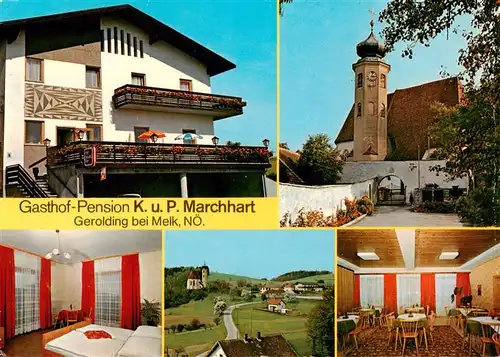 AK / Ansichtskarte 73887976 Melk_Donau_Niederoesterreich_AT Gasthof Pension Marchhart Gaestezimmer Gastraum Panorama Kirche 
