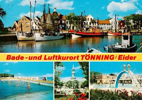 AK / Ansichtskarte  Toenning_Nordseebad Fischkutter Hafen Freibad Ortsmotiv Freibad Toenning_Nordseebad