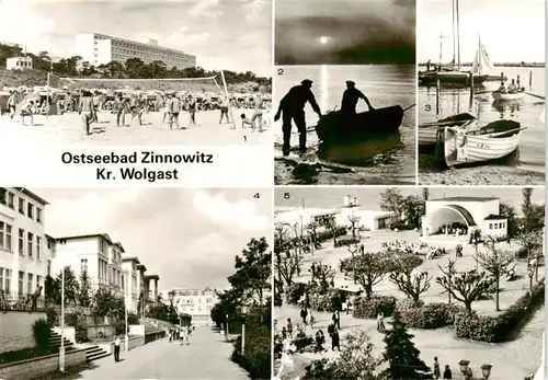 AK / Ansichtskarte  Zinnowitz_Ostseebad Feriendienst der IG Wismut Ferienheim Roter Oktober Fischer am Strand Achterwasser Promenade der Voelkerfreundschaft Strandpromenade Konzertpavillon Zinnowitz_Ostseebad