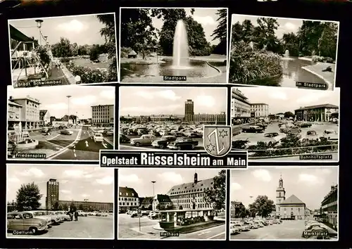 AK / Ansichtskarte 73888484 Ruesselsheim_Main Schwimmbad Stadtpark Friedensplatz Bahnhofsplatz Opelturm Rathaus Marktplatz Ruesselsheim Main
