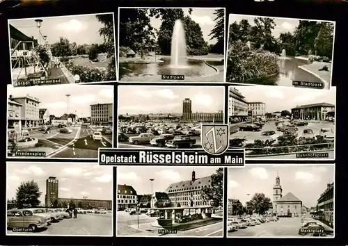 AK / Ansichtskarte  Ruesselsheim_Main Schwimmbad Stadtpark Friedensplatz Bahnhofsplatz Opelturm Rathaus Marktplatz Ruesselsheim Main