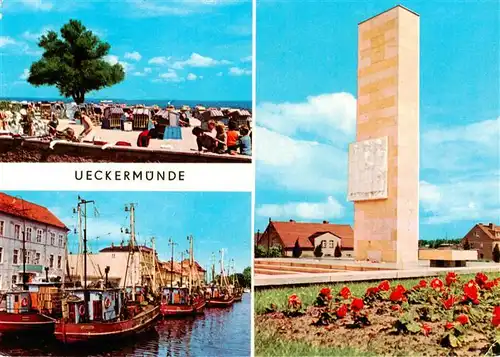 AK / Ansichtskarte 73888494 Ueckermuende_Mecklenburg_Vorpommern Strand Fischereihafen Sowjetisches Ehrenmal Ueckermuende_Mecklenburg