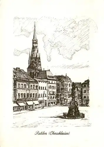 AK / Ansichtskarte 73888599 Ratibor_Raciborz_PL Ring mit Mariensaeule Rathaus und Dominikanerkirche Zeichnung 