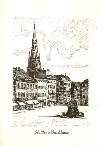 AK / Ansichtskarte  Ratibor_Raciborz_PL Ring mit Mariensaeule Rathaus und Dominikanerkirche Zeichnung 