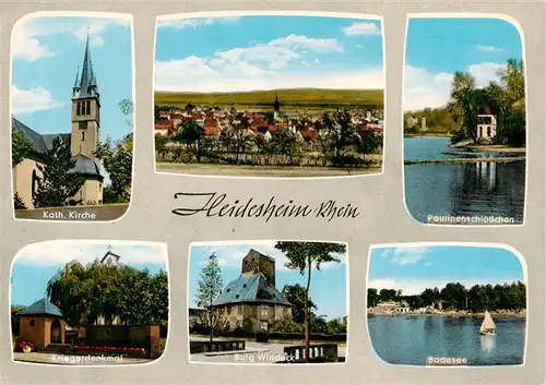 AK / Ansichtskarte 73888603 Heidesheim Kath Kirche Panorama Paulinenschloesschen Kriegerdenkmal Burg Windeck Badesee Heidesheim