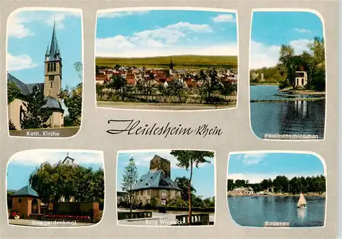 AK / Ansichtskarte 73888604 Heidesheim Kath Kirche Panorama Paulinenschloesschen Kriegerdenkmal Burg Windeck Badesee Heidesheim