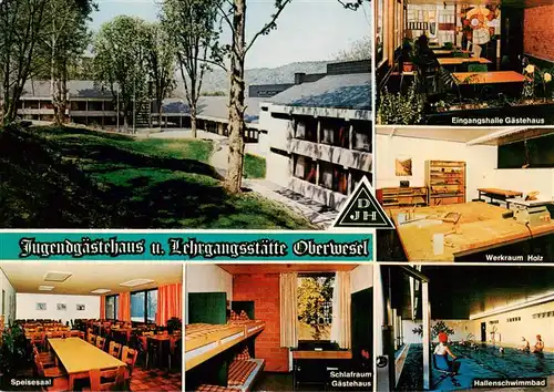 AK / Ansichtskarte 73888628 Oberwesel_Rhein Jugendgaestehaus und Lehrgangsgaststaette Eingangshalle Gaestehaus Speisesaal Schlafraum Gaestehaus Hallenschwimmbad Oberwesel Rhein