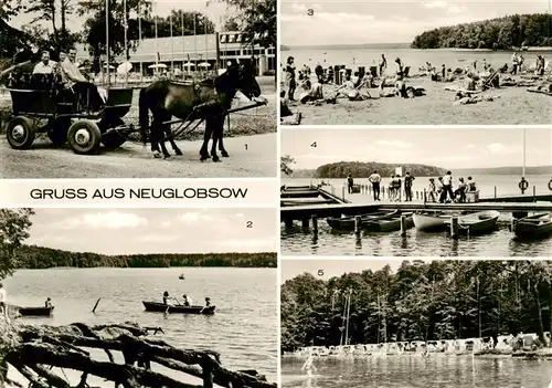 AK / Ansichtskarte 73888843 Neuglobsow_Stechlin Ponyrundfahrt Strandpartien am Stechlinsee Bootssteg 