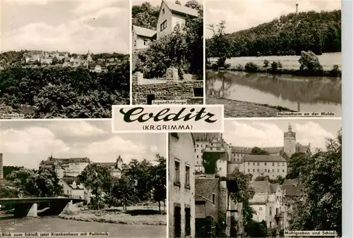 AK / Ansichtskarte  Colditz Teilansicht Heimatturm an der Mulde Schloss Krankenhaus mit Poliklinik Muehlgraben und Schloss Colditz