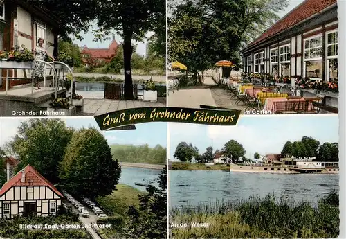 AK / Ansichtskarte 73888948 Grohnde Gasthaus Grohnder Faehrhaus Im Garten Blick auf Saal Garten und Weser Partie an der Weser Grohnde