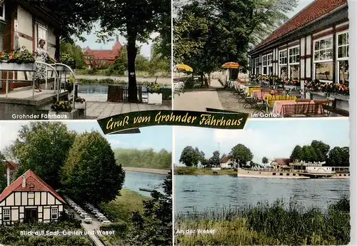 AK / Ansichtskarte  Grohnde Gasthaus Grohnder Faehrhaus Im Garten Blick auf Saal Garten und Weser Partie an der Weser Grohnde