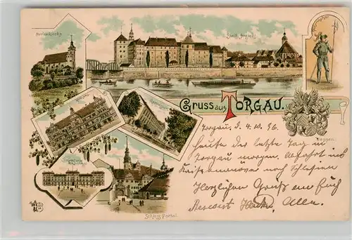 AK / Ansichtskarte 73889141 Torgau Stadtansicht Kirche Rathaus Kaserne Schloss Gymnasium Wappen Litho Torgau