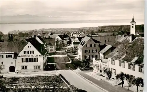 AK / Ansichtskarte  Fischbach_Friedrichshafen Ansicht mit Kirche Blick ueber den Bodensee gegen Schweizer Alpen Fischbach Friedrichshafen