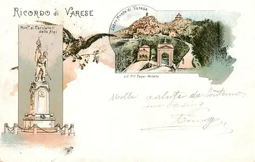 AK / Ansichtskarte  Varese_Lombardia_IT Monumento ai Cacciatori delle Alpi Sacro Monte di Varese Litho 