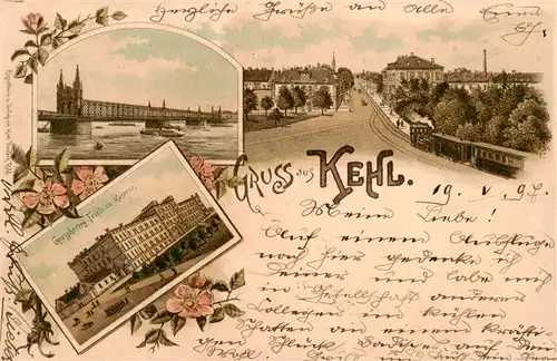 AK / Ansichtskarte 73889180 Kehl__Rhein Stadtpanorama Eisenbahn Rheinbruecke Kaserne Litho 