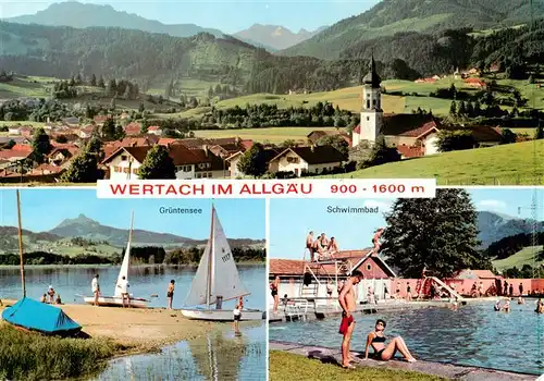 AK / Ansichtskarte 73889225 Wertach_Bayern Ortsansicht mit Kirche Gruentensee Schwimmbad 