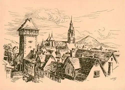 AK / Ansichtskarte  Reutlingen_BW Gartentor Marienkirche und Gorgenberg Zeichnung 