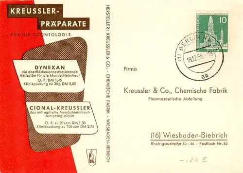 AK / Ansichtskarte 73889302 Biebrich_Wiesbaden Chem Fabrik Kreussler et Co Musteranforderung Biebrich_Wiesbaden