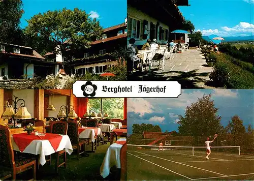 AK / Ansichtskarte 73889927 Isny_Allgaeu Berghotel Jaegerhof Gaststube Terrasse Tennisplatz Isny Allgaeu