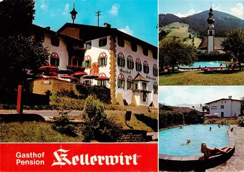 AK / Ansichtskarte  Oberau__Wildschoenau_Tirol_AT Gasthof Pension Kellerwirt Kirche Swimmingpool 