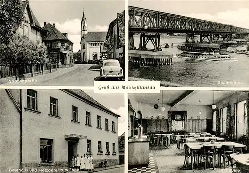 AK / Ansichtskarte 73890314 Maximiliansau_Woerth_am_Rhein Strassenpartie Gasthaus Metzgerei zum Engel Gastraeume Rheinbruecke 