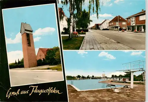AK / Ansichtskarte 73890588 Augustfehn Kirche Strassenpartie Schwimmbad Augustfehn