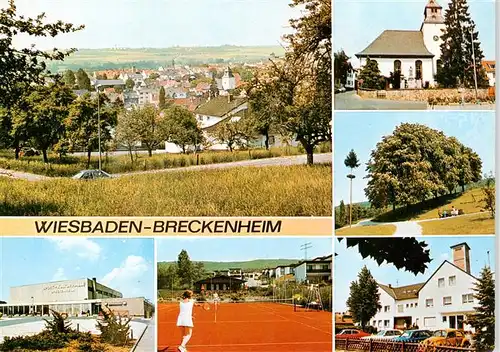 AK / Ansichtskarte 73890765 Breckenheim_Wiesbaden Panorama Kirche Sporthalle Tennisplatz Elektro Schwarz 