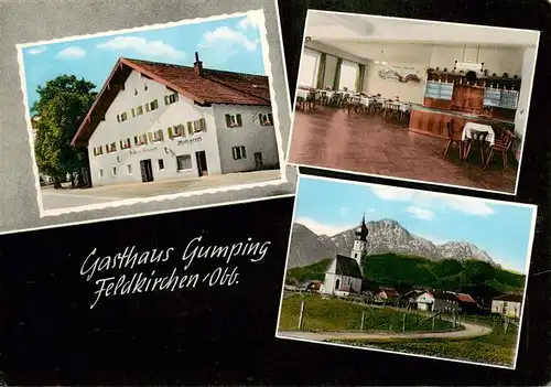 AK / Ansichtskarte 73890933 Feldkirchen_Oberbayern Gasthaus Gumping Gastraeume Kirche Feldkirchen Oberbayern
