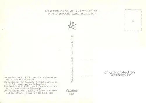 AK / Ansichtskarte  Exposition_Universelle_Bruxelles_1958 Die Pavillonen von U.S.S.R Arabischen Laendern und dem U.S.A gesehen von der Laufbruecke 