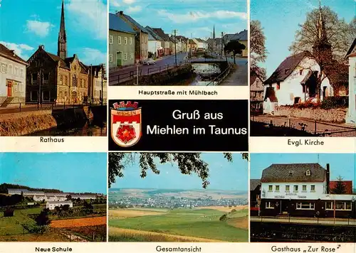 AK / Ansichtskarte  Miehlen_Taunus Rathaus Muehlbach Ev Kirche Neue Schule Panorama Gasthaus Zur Rose Miehlen_Taunus