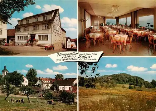 AK / Ansichtskarte 73891230 Neunkirchen_Odenwald Hoehengasthof Pension Gruener Baum Gastraum Kirche Panorama Neunkirchen Odenwald