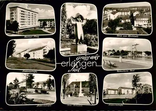 AK / Ansichtskarte  Erlangen Berliner Platz Gebbertstrasse Brunnen Icke Icke Maennchen Panorama Freibad Wohnsiedlung Erlangen