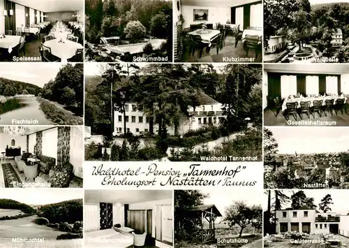 AK / Ansichtskarte  Nastaetten_Taunus Waldhotel Tannenhof Speisesaal Schwimmbad Klubzimmer Fischteich Eingangshalle Muehlbachtal Schutzhuette Gesellschaftsraum Ortspartie Cafeterrasse Nastaetten_Taunus