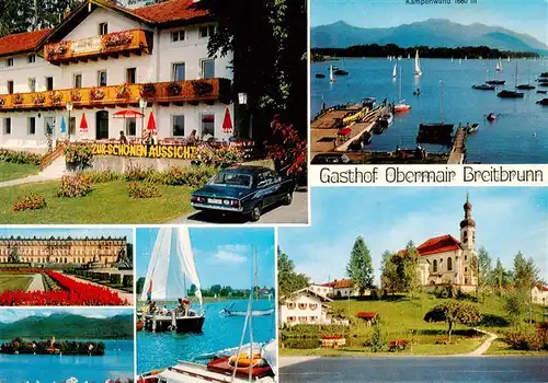 AK / Ansichtskarte 73891421 Breitbrunn_Chiemsee Gasthof Pension Zur schoenen Aussicht Alpenpanorama Schloss Kirche Seepartien Breitbrunn Chiemsee