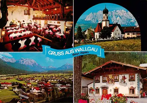 AK / Ansichtskarte 73891485 Wallgau Hotel Gasthof Post Festsaal Dorfkirche Ortsansicht mit Karwendel Wallgau