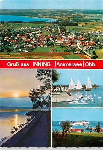 AK / Ansichtskarte 73891491 Inning_Ammersee Fliegeraufnahme Sonnenuntergang Seglerhafen Faehre Inning Ammersee
