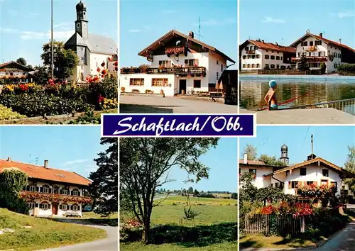 AK / Ansichtskarte 73891719 Schaftlach Kirche und Maibaum Gasthaus Pension Kramerberg Badeteich Voralpenlandschaft mit blumenfreudigen Haeusern Schaftlach