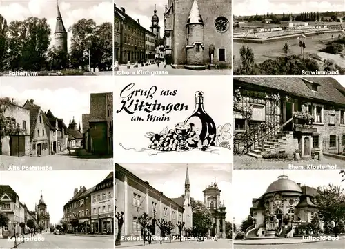 AK / Ansichtskarte  Kitzingen_Main Falterturm Oberer Kirchgasse Schwimmbad Alte Poststrasse Kaiserstrasse Ehem Klosterhof Prot Kirche mit Pfruendnerspital Luitpold Bad Kitzingen Main