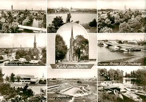 AK / Ansichtskarte  Kehl__Rhein Marktplatz mit Friedenskirche Europa Bruecke Kehl_Strassburg Schwimmbad Bootsliegeplatz 