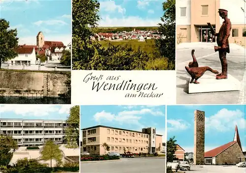 AK / Ansichtskarte 73891820 Wendlingen_Neckar Kirche Panorama Plastik Schule Turm Wendlingen Neckar